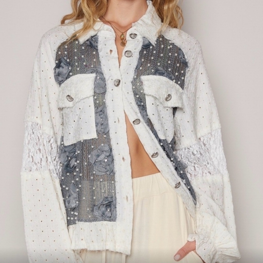 NWOT POL off White And Gray Lace Rosette And Pearl Shacket Large